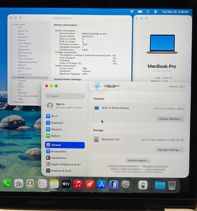 Apple MacBook Pro 13" M1 2020 Touch Bar 8GB RAM 512GB SSD No Power Adapter