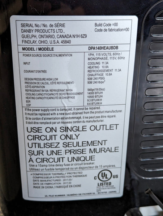 Danby 14,000 BTU Portable Air Conditioner PLEASE READ  -