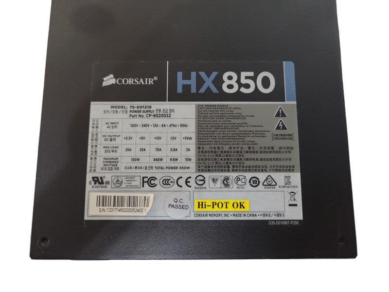 Corsair HX850 Semi-Modular Power Supply, 850W, 75-001219