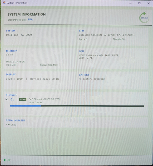 Dell G5 5000 Tower, i7-10700F 2.90GHz, 32GB DDR4, 256GB NVMe, GTX1650 Super