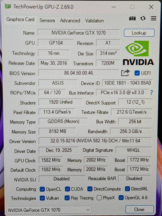 Asus GeForce GTX 1070 Dual 8GB GDDR5 Graphics Card DUAL-GTX1070-08G