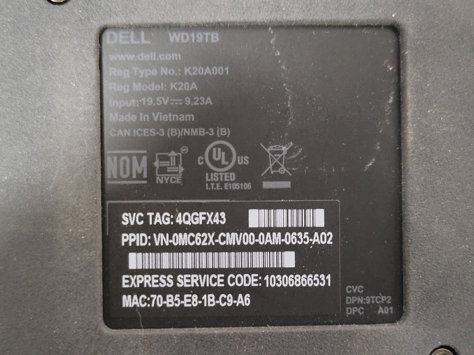 Lot of 2x Dell K20A001 (1x WD19TBS and 1x WD19TB) Docking Stations, No Power ada