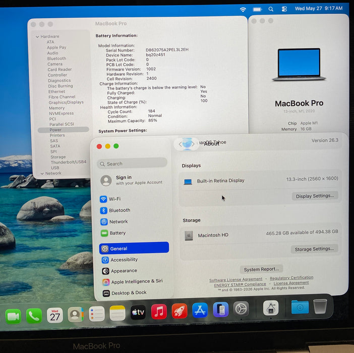 Apple MacBook Pro 13" M1 2020 Touch Bar 16GB RAM 512GB SSD No Power Adapter