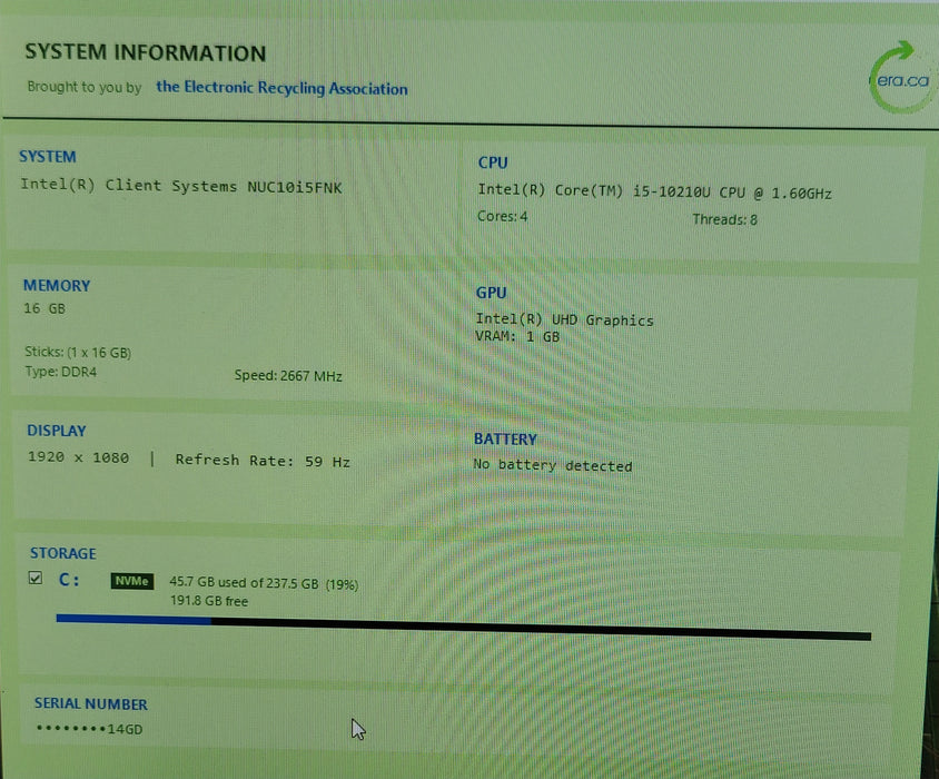 Intel BXNUC10i5FNK1, Core i5-10210U 1.60GHz, 16GB RAM 256GB NVME