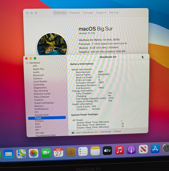 Apple MacBook Ai3 13" 2020 i5-1030NG7 8GB RAM 512GB SSD No Power Adapter