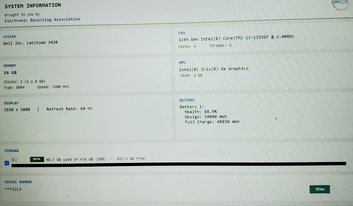 Dell Latitude 3420 i5-1135G7 16GB DDR4 256GB SSD NVMe