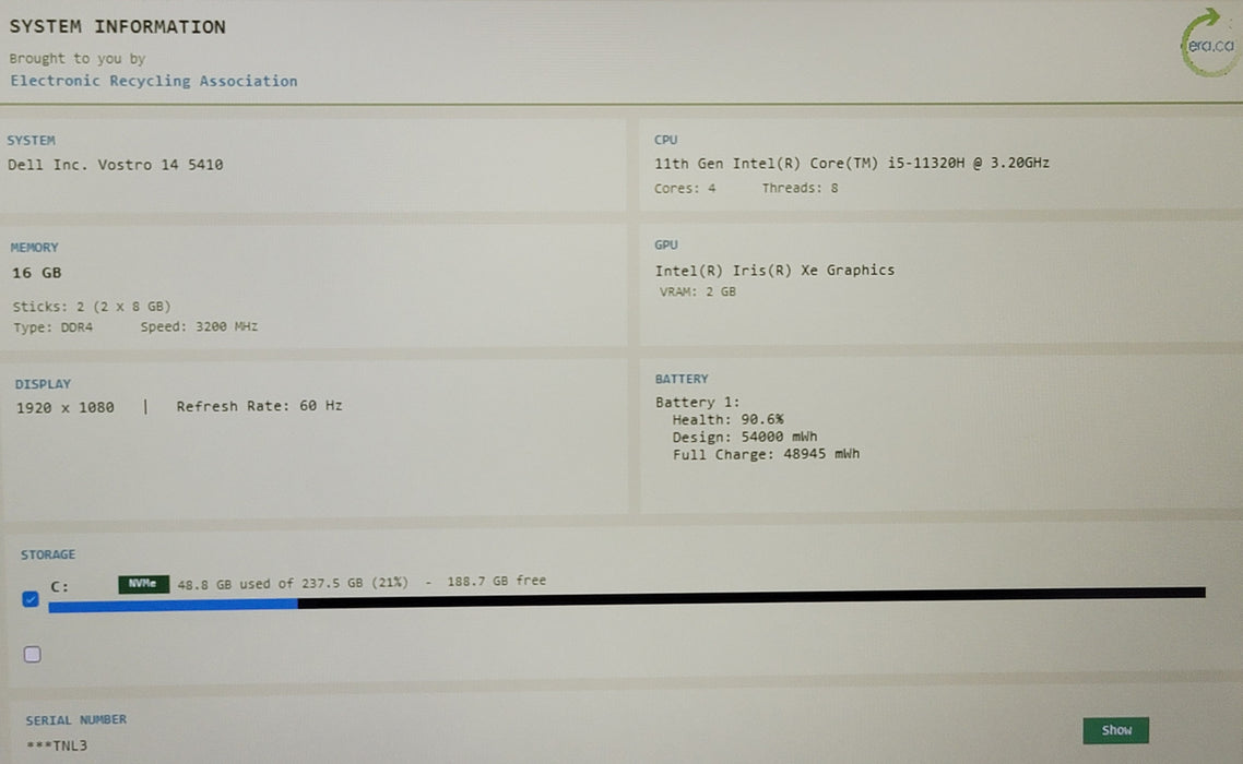 Dell Vostro 14 5410 14" i5-11320H 16GB DDR4 256GB NVMe