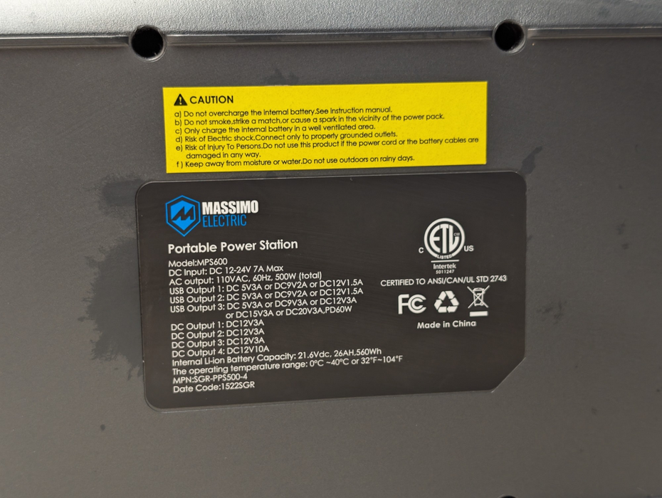 Massimo Electric MP5600 500W Power Station 540wh Capacity Solar Input