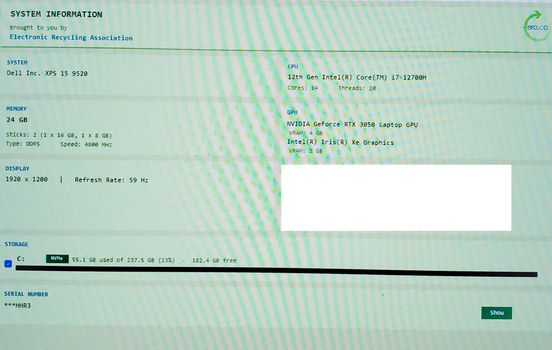 DELL XPS 15 9520 Intel Core i7-12700H 24GB RAM 256GB RTX3050 4GB
