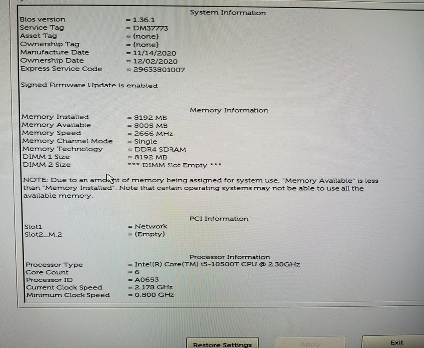 Dell Optiplex 5480 AIO Intel i5-10500T 8GB RAM No HDD w/ Stand