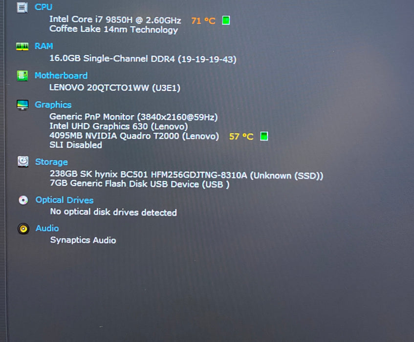 Lenovo ThinkPad P1 Gen2 4K i7-9850H QUADRO T2000 4GB GPU 16GB RAM 256GB SSD READ