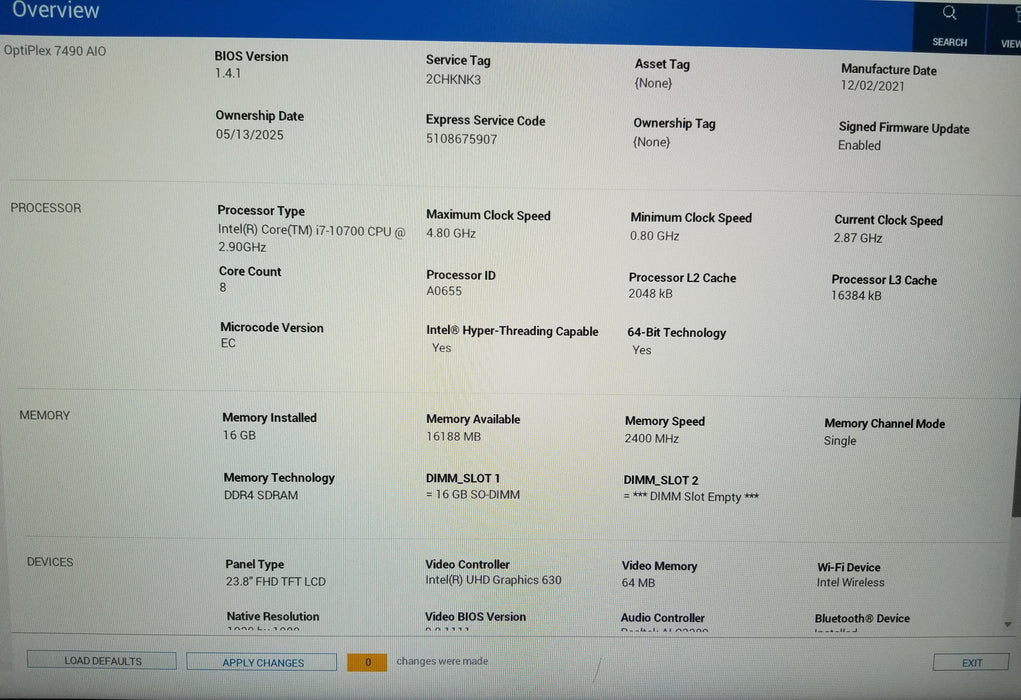 Dell Optiplex 7490 AIO Intel i7-10700 16GB RAM 240GB SSD w/ Stand