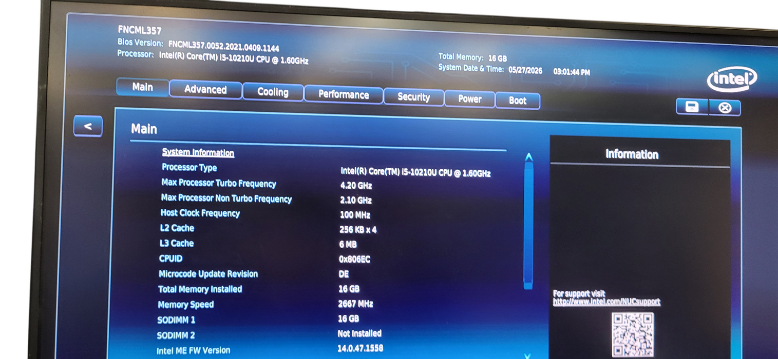 Intel BXNUC10i5FNK1, Core i5-10210U 1.60GHz, 16GB RAM 256GB NVME