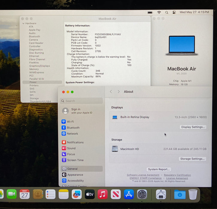 Apple MacBook Air 13" M1 2020 16GB RAM 256GB SSD No Power Adapter READ!