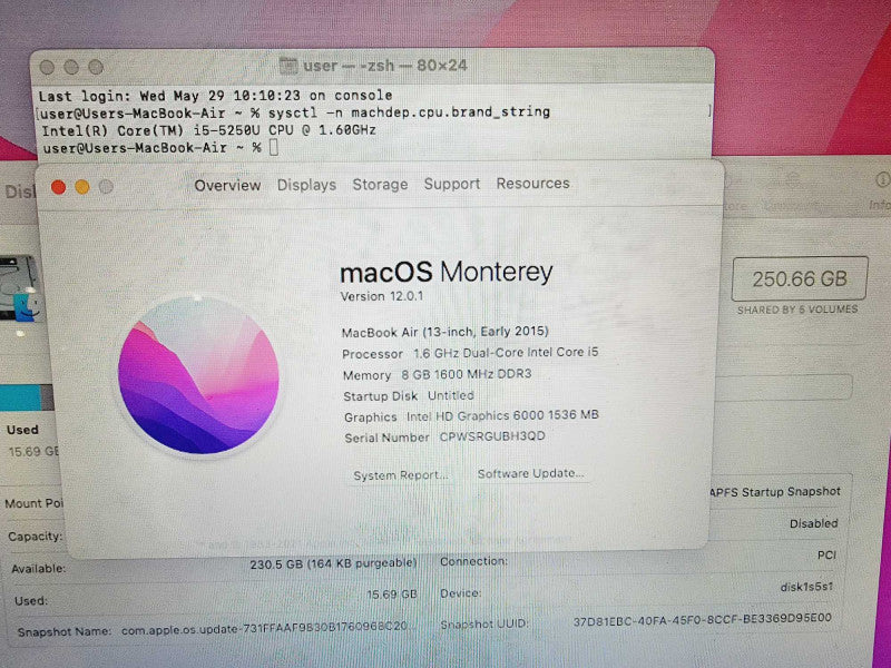 Apple Macbook Air 2015 13\\" 2-Core i5-5250U @ 1.6GHz 8GB DDR3 250GB SSD (
