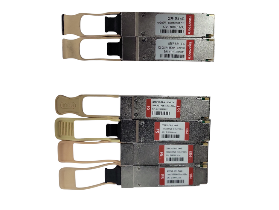 Lot of 6x FS (4x QSFP28-SR4-100G and 2x QSFP-SR4-40G) QSFP Modules, READ