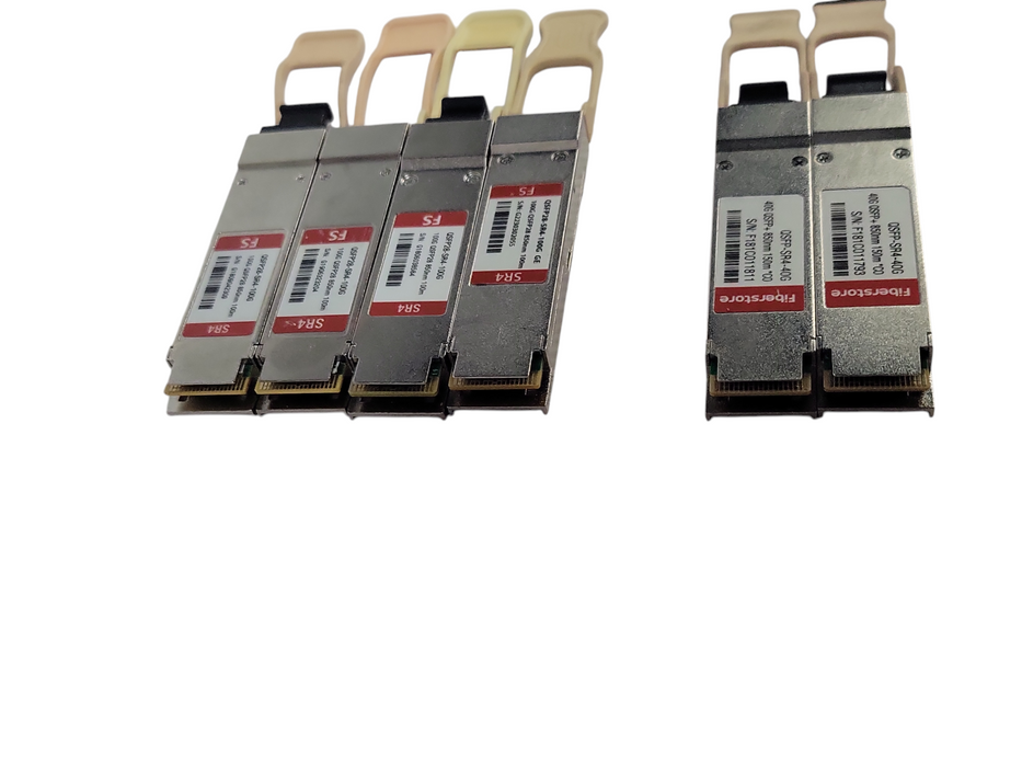 Lot of 6x FS (4x QSFP28-SR4-100G and 2x QSFP-SR4-40G) QSFP Modules, READ