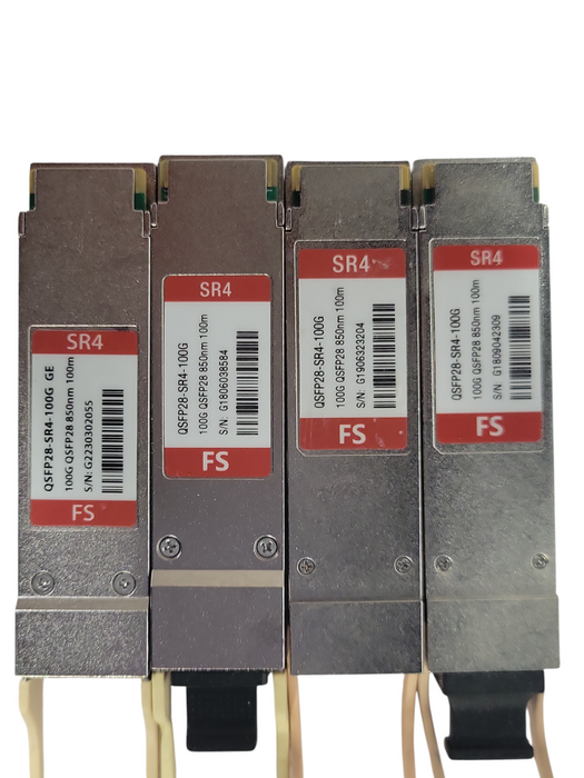 Lot of 6x FS (4x QSFP28-SR4-100G and 2x QSFP-SR4-40G) QSFP Modules, READ