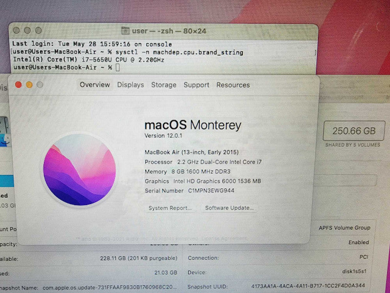 Apple Macbook Air 2015 13\\" 2-Core i7-5650U @ 2.2GHz 8GB DDR3 250GB SSD (