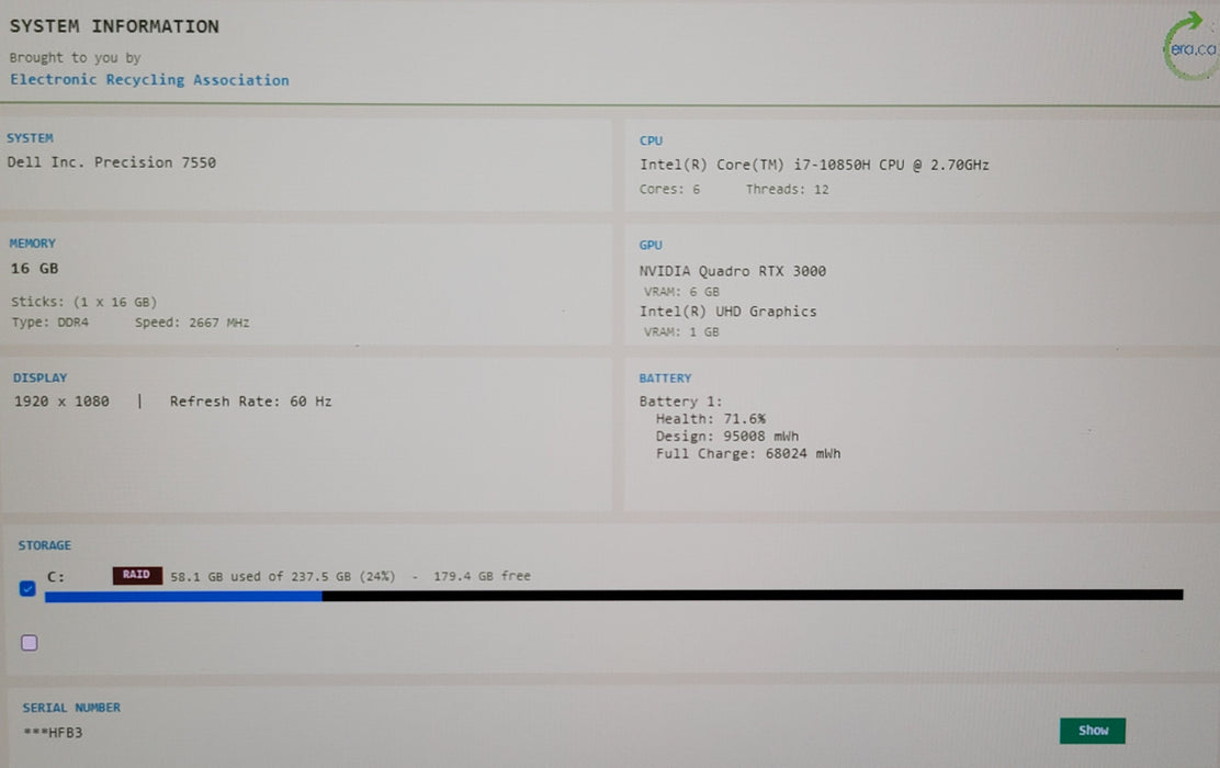 Dell Precision 7550 15" i7-10850H 16GB DDR4 RTX 3000 256GB NVMe