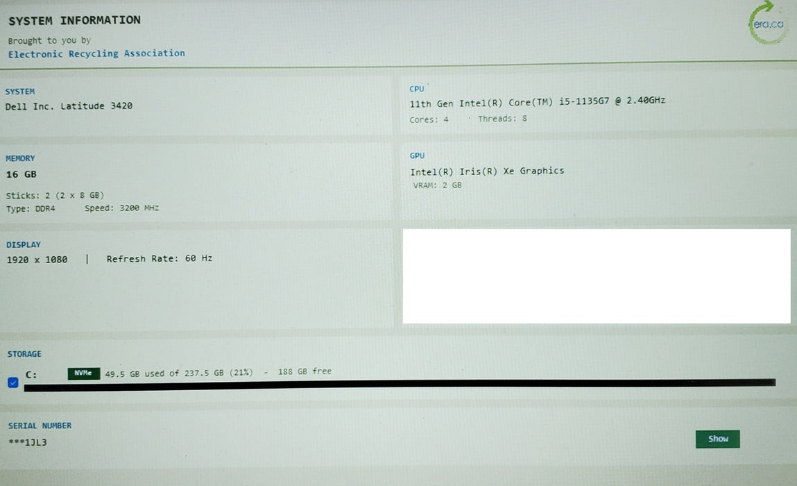 Dell Latitude 3420 i5-1135G7 16GB DDR4 256GB SSD NVMe