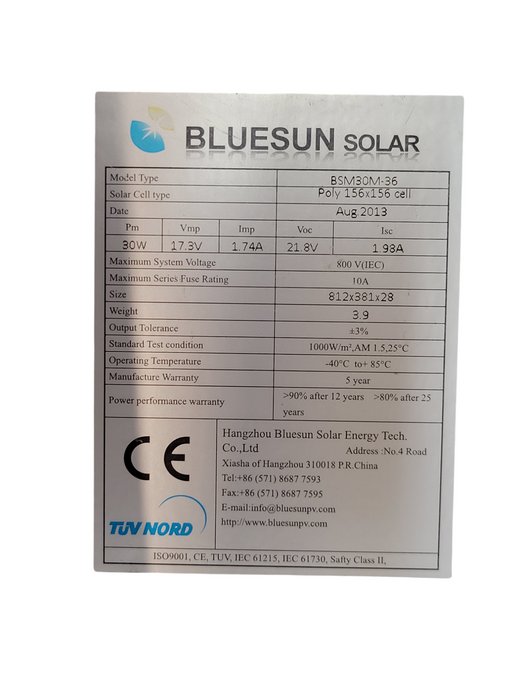 BLUESUN SOLAR BSM30M-36 30W 17.3V 1.74A Solar Panel