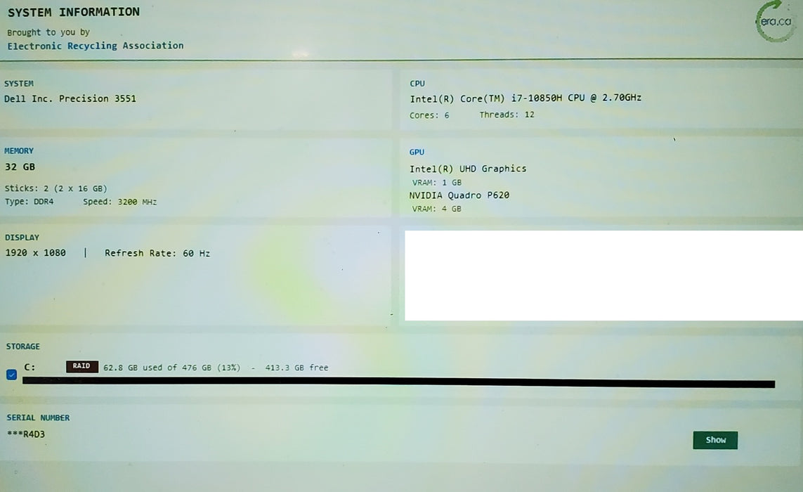 Dell PRECISION 3551 Laptop i7-10850H 2.7GHz 32GB RAM 256B NVME P620 GPU READ