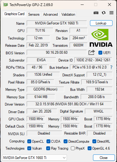 EVGA GeForce GTX 1660 Ti  6GB GDDR6 GPU / 06G-P4-1261-KR