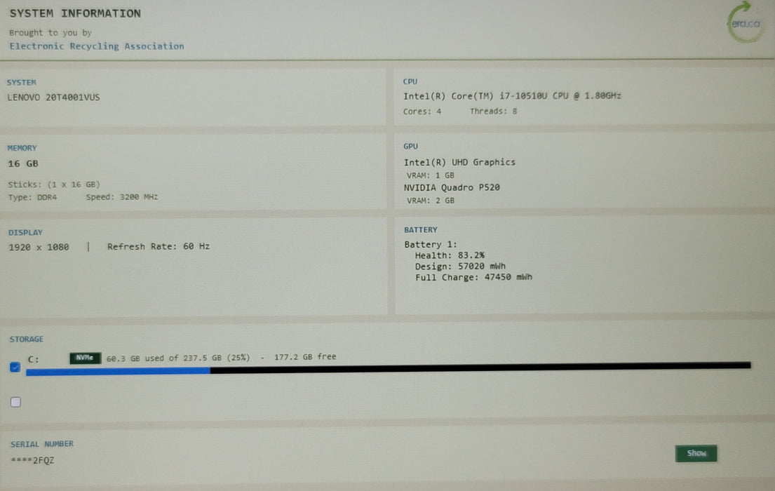 Lenovo ThinkPad P15s i7-10510u 16GB DDR4 Quadro P520 256GB NVMe 15"