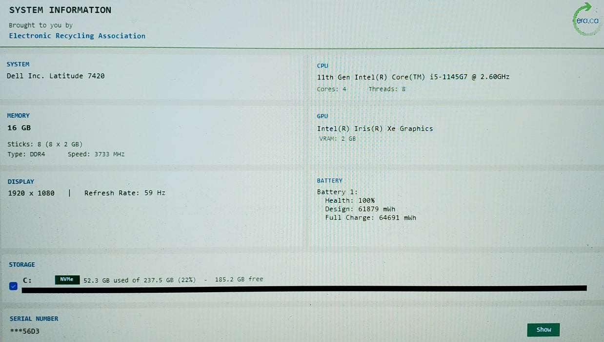 Dell Latitude 7420 Core i7-1145G7@2.6GHz 16GB RAM 256GB