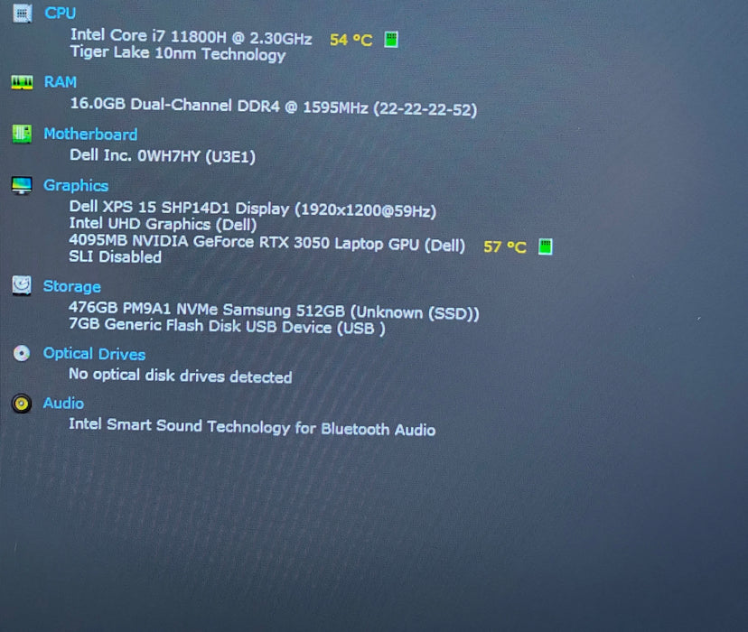 Dell XPS 15 9510 i7-11800H RTX 3050 4GB GPU 16GB RAM 512GB SSD No Power Adapter