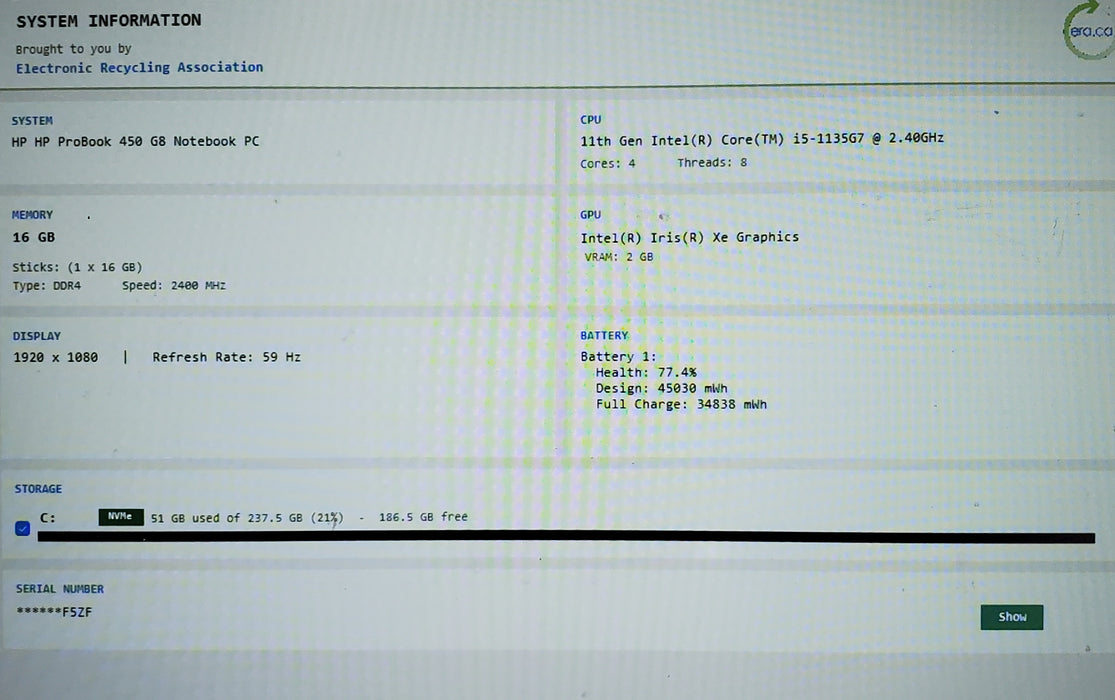 HP ProBook 450 G8 14" i5-1135G7 16GB DDR4 256GB NVMe READ