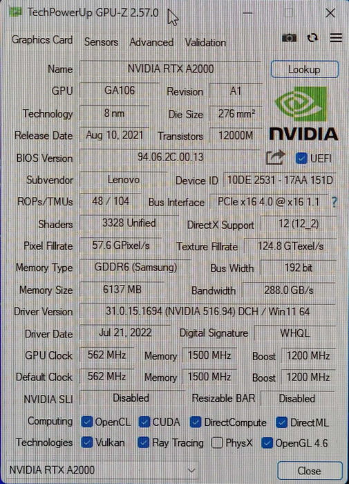 NVIDIA Quadro RTX A2000 6GB GDDR6 Graphics Card, 4x MiniDP, High Profile