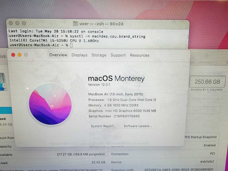 Apple Macbook Air 2015 13\\" 2-Core i5-5250U @ 1.6GHz 4GB DDR3 250GB SSD (