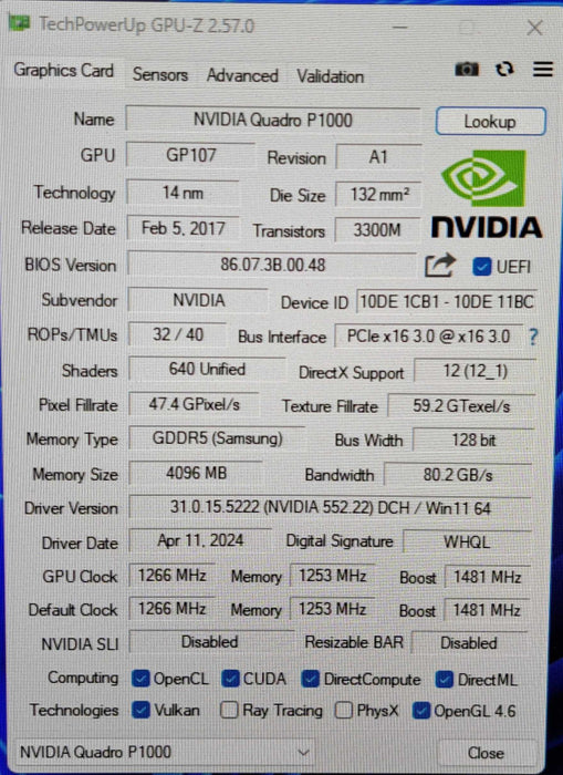 Nvidia Quadro P1000 | 4GB GDDR5 Graphics Card | 4x Mini-DP, High Profile