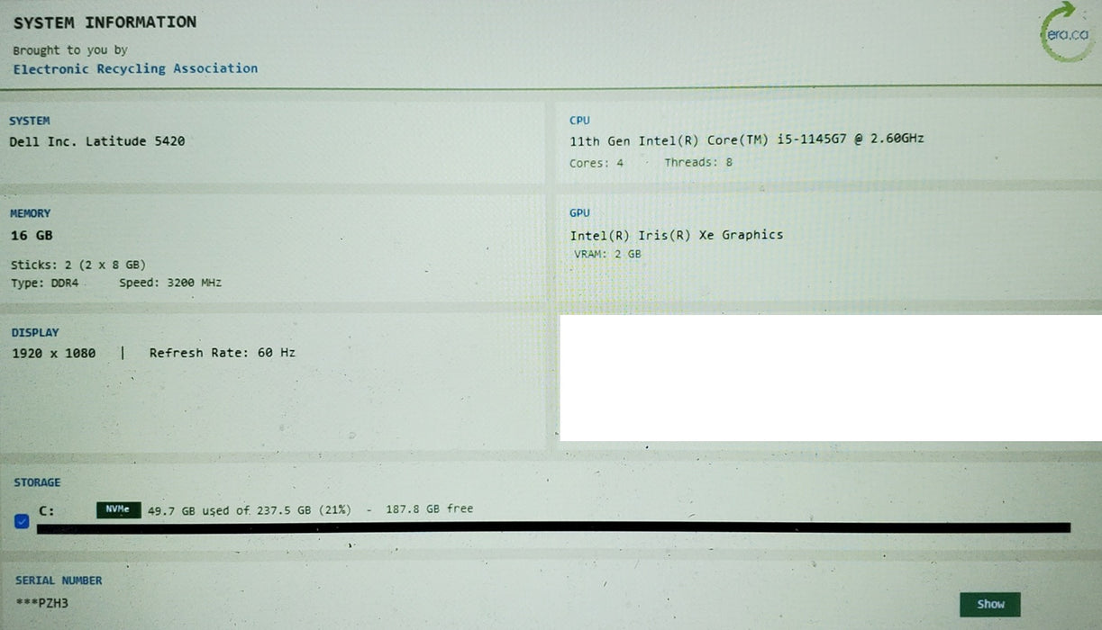 Dell Latitude 5420 i5-1145G7 16GB 256GB SSD READ