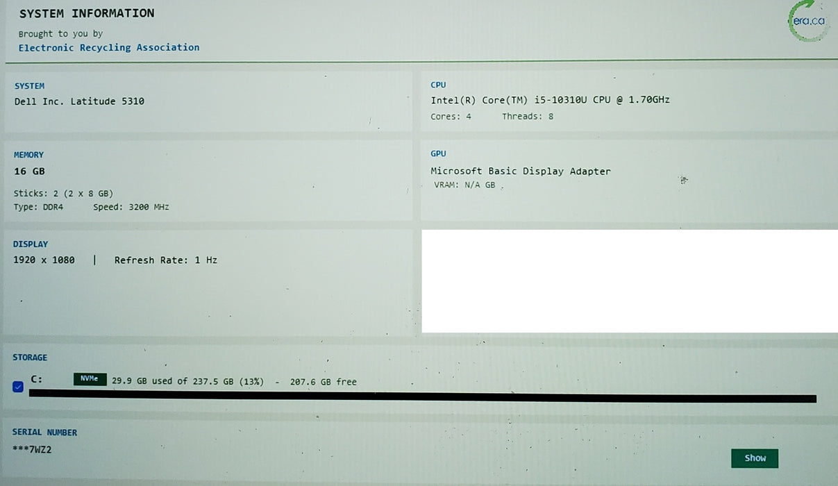Dell Latitude 5310 i5-10310U 16GB RAM 256GB NVME Lap200 READ
