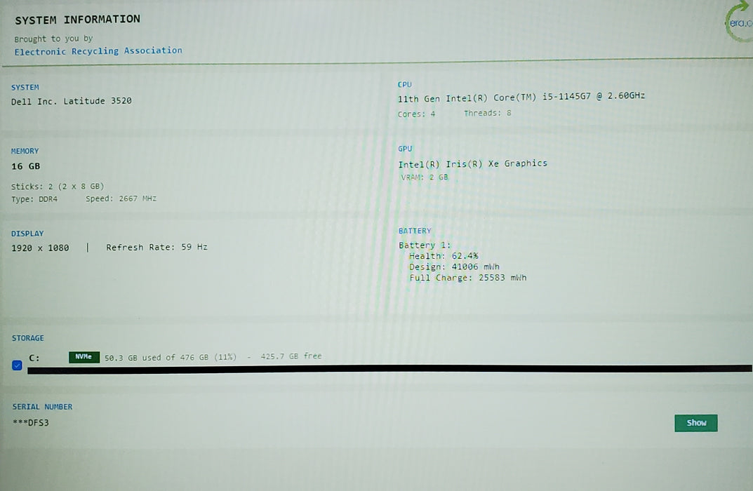 Dell Latitude 3520 i5-1145G7 @ 2.6GHz 16GB DDR4 512GB NVMe