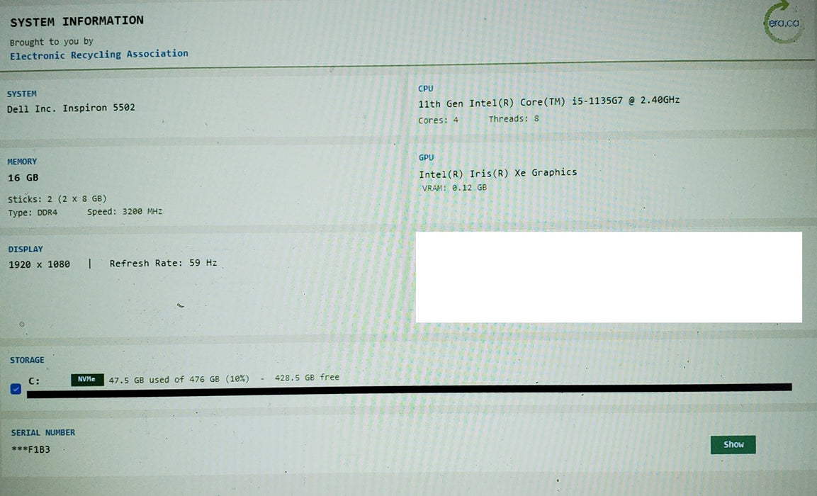 Dell Inspiron 5502 Core i5-1135G7@ 2.40GHz 16GB RAM 512GB SSD READ