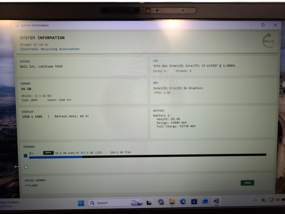 Dell 5420 Core i5-1135G7 2.40GHz. 16GB RAM 256GB SSD READ