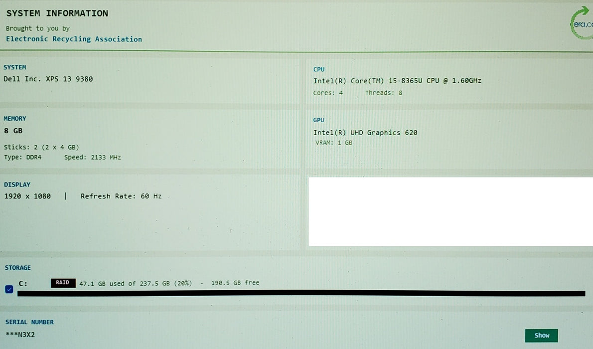 Dell XPS 13 9380 i5-8365U 1.60GHz 8GB 256GB SSD READ