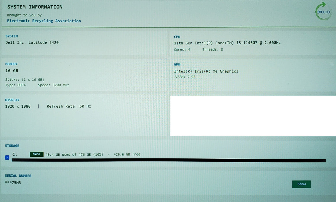 Dell Latitude 5420 Core i5-1145G7 2.60GHz 16GB RAM 256GB SSD READ