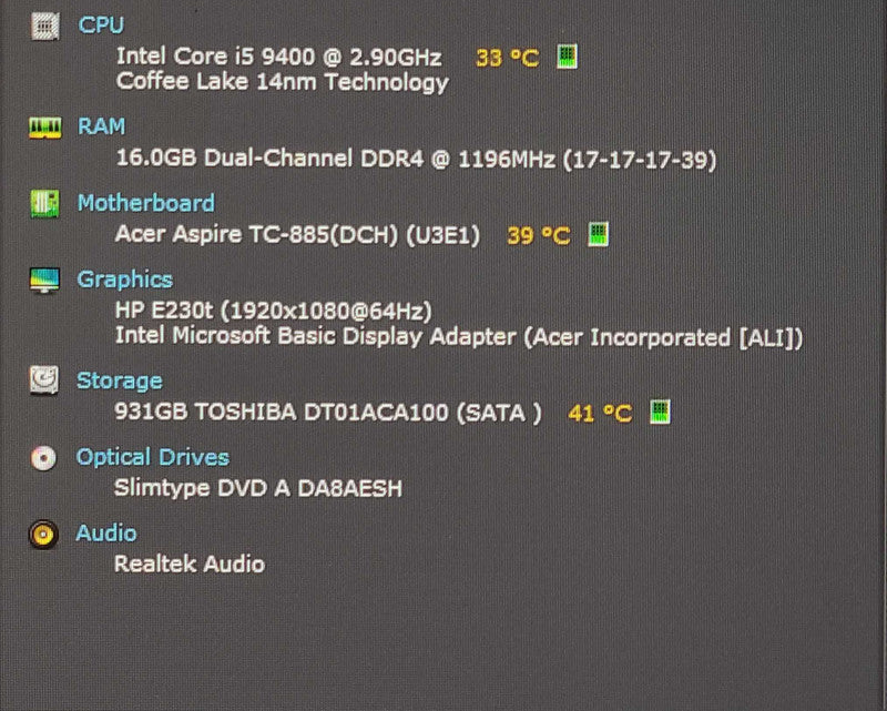 Acer Aspire TC-885, i5-9400 2.90GHz, 16GB DDR4, 1TB 3.5\\"HDD, WiFi