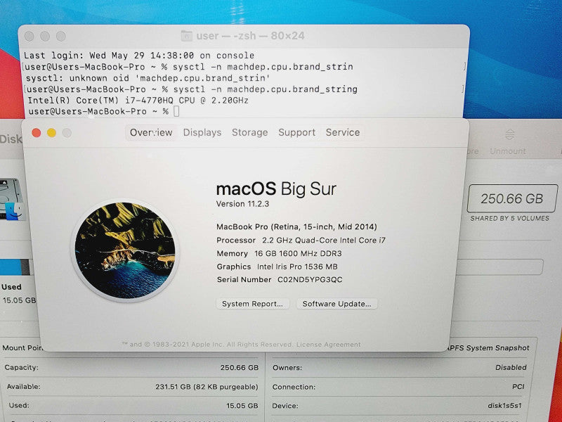 Apple Macbook Pro Retina 2014 15\\" 4-Core i7-4770HQ @ 2.2GHz 16GB DDR3 250GB SSD (