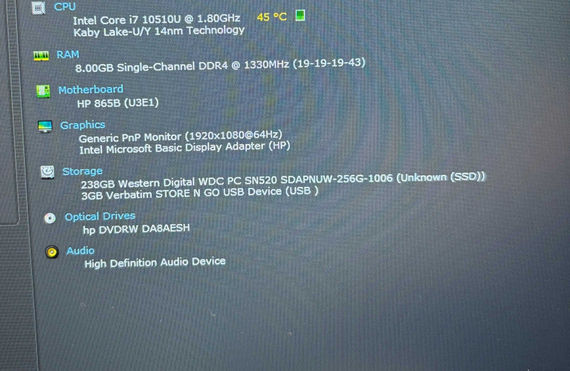 HP 470 G7 Notebook PC Intel Core i7-10510U@1.8GHz 8GB RAM 256GB SSD  Lap200