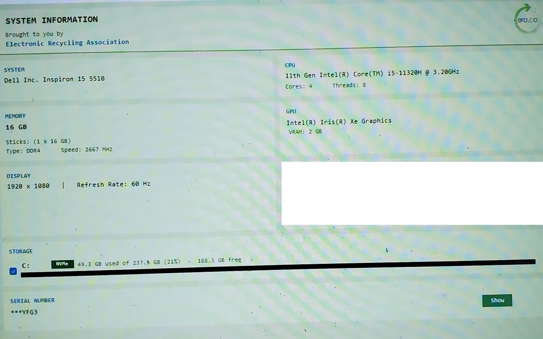Dell Inspiron 15 5510 i5-11320H 16GB 256GB NVMe SSD
