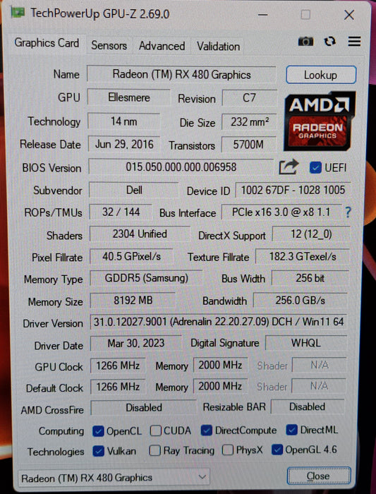 Dell 7G1XN AMD Radeon RX 480 8GB GDDR5 Graphics Card