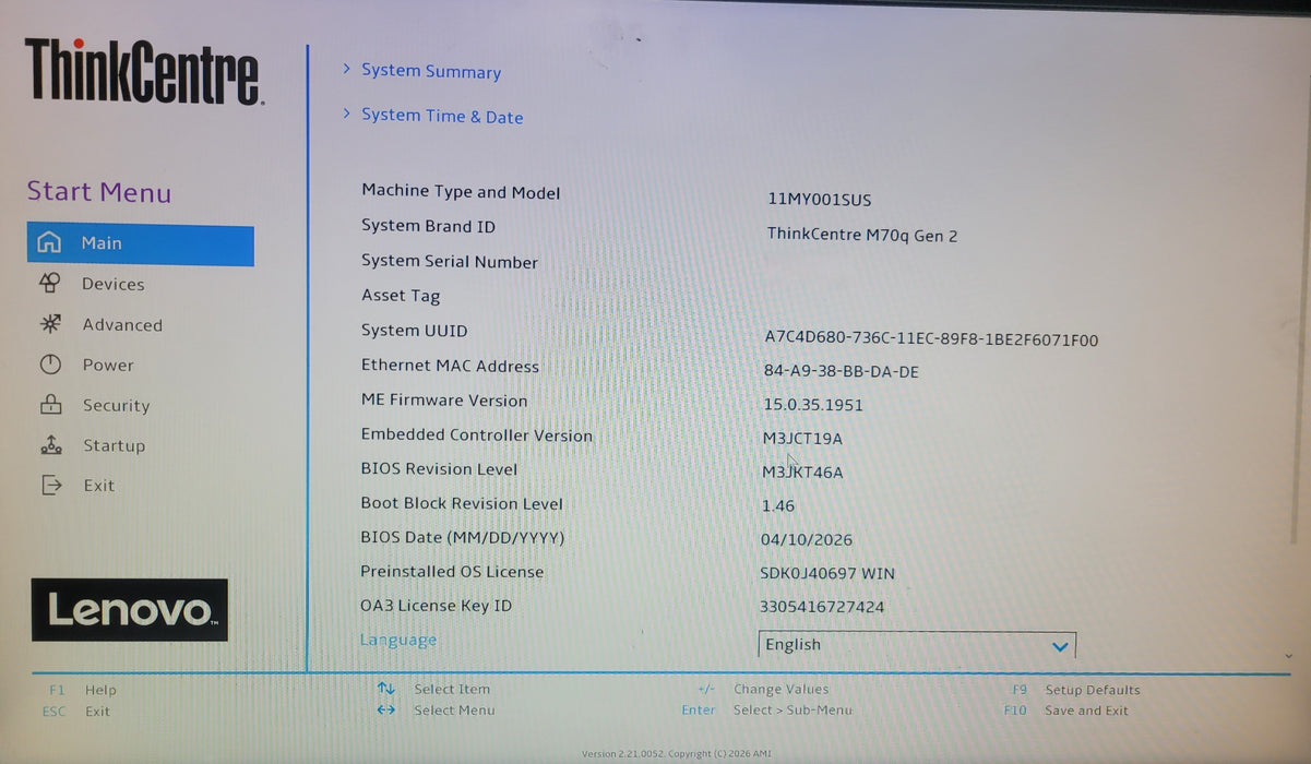 Lenovo ThinkCentre M70q Gen2 | i5-11400T @ 1.30GHZ 8GB DDR4 256GB NVMe