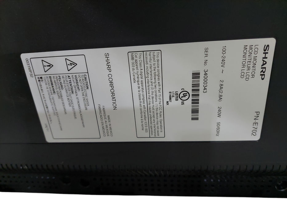 Sharp 70" LCD Monitor Model: PN-E702 1080P Commercial Grade Display Monitor