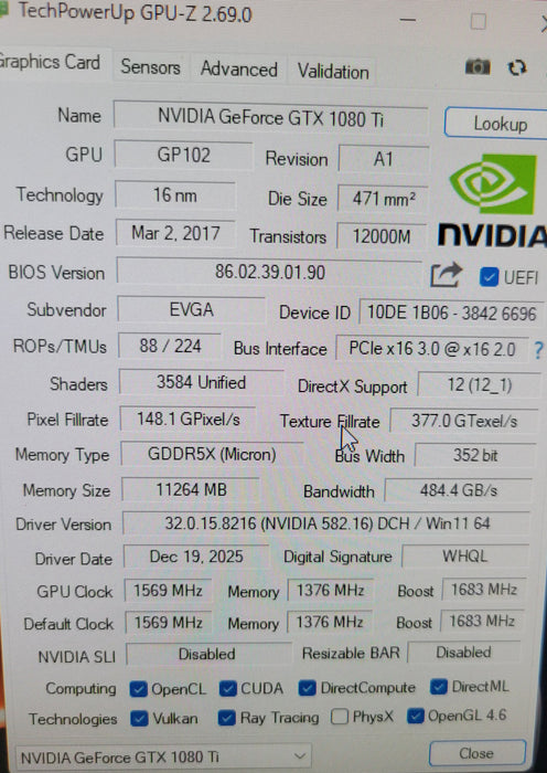 EVGA NVIDIA GEFORCE GTX 1080 Ti FTW3 11GB (READ)